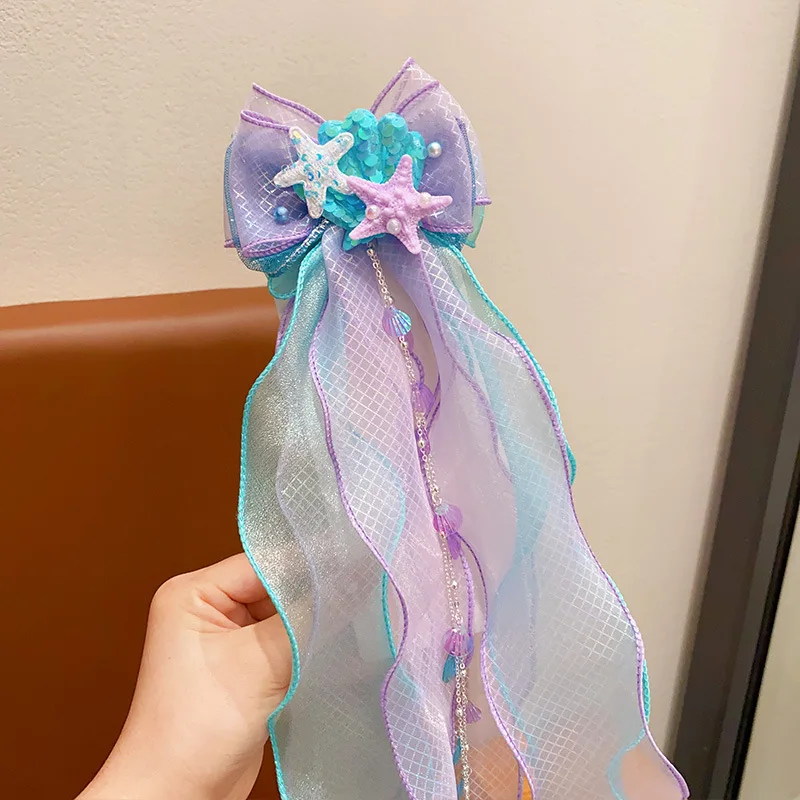 マーメイドヘッドウェア、子供用プリンセスリボン、ヘアピン、女の子用フローティングヤーン、編み込みヘアクリップ、マーメイド乙女ヘアアクセサリー