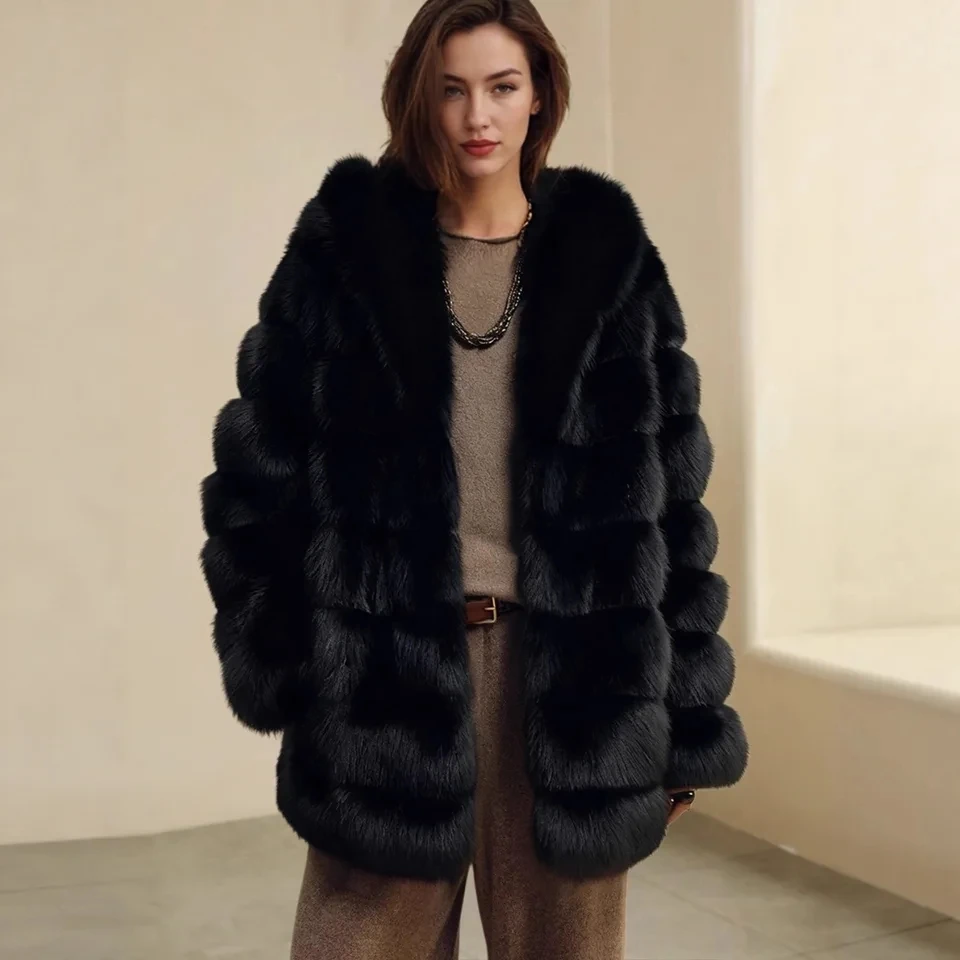 2026 Autumn Winter New Women Hooded Fox Fur Leather Coat Warm Overcoat Fashion Casual High End