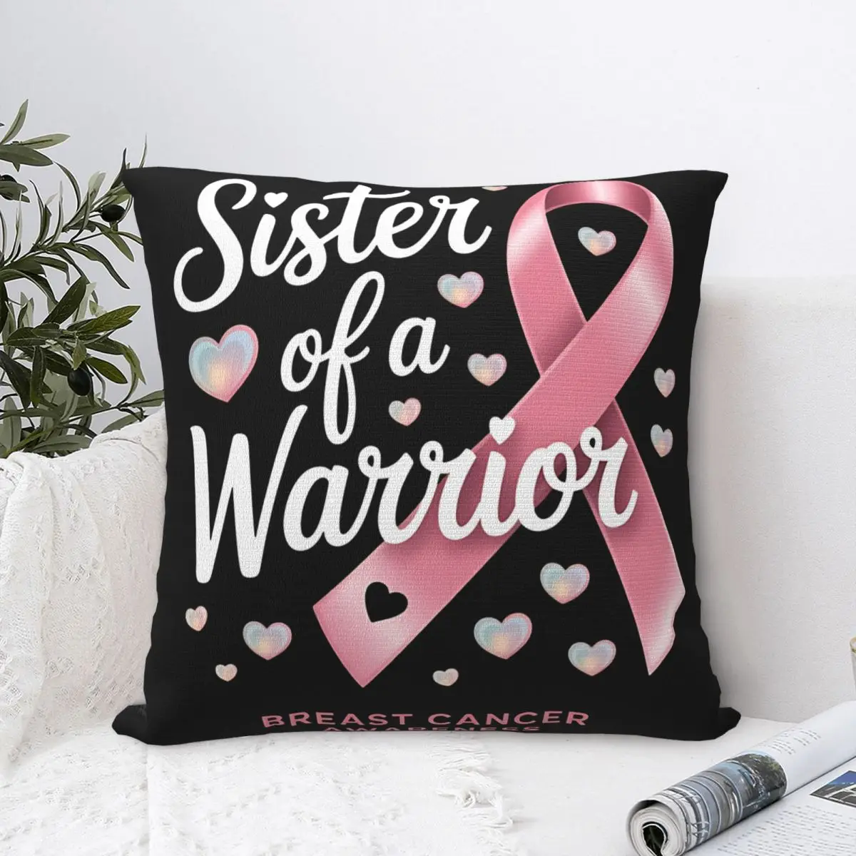 Breast Cancer Fighter Awareness Sister Of A Warrior Pillow Case Cushion Covers Zipper Decorative Pillowcase for Home 45x45cm