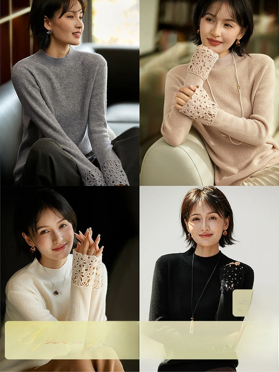 

XiaoHanGe Camere Knitted Sweater f High Collar Hollow out Crt Wool And Camere Overhead Top French Sle Regular Fit