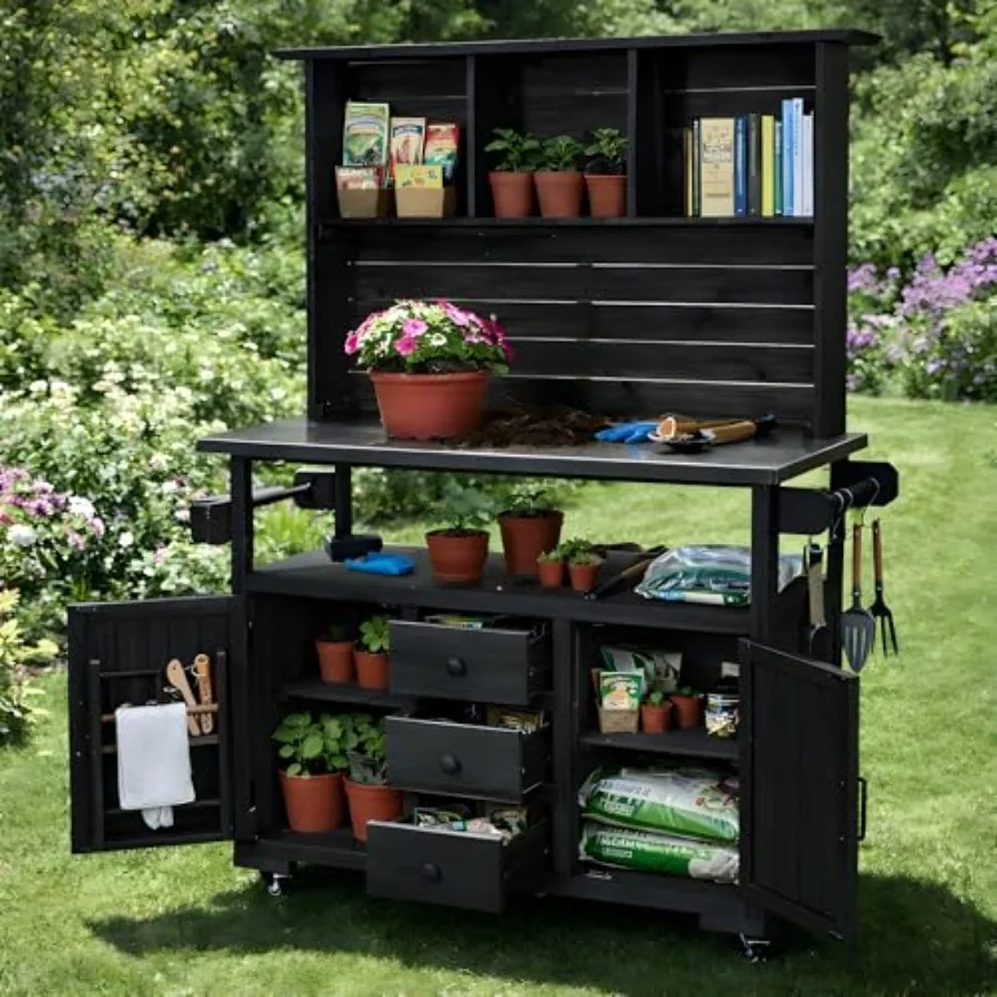 Metal Potting Bench and Table with Wheels, Outdoor Storage Cabinet with Drawers, Work Bench with Storage, Tall Potting Table fo
