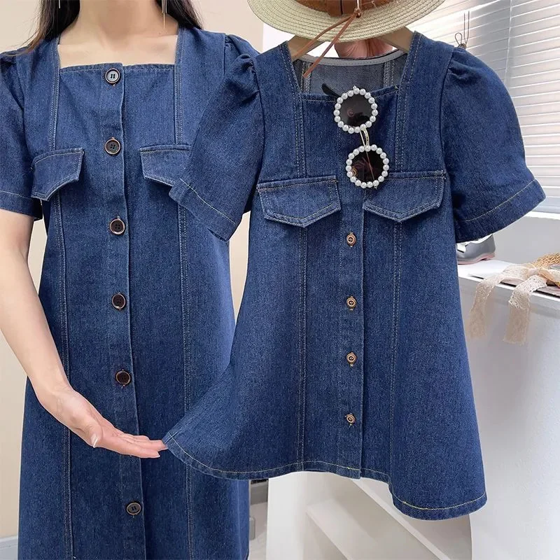 

2023 Summer New Matching Outfits for The Family Mother Kids Girls Denim Dress Daughter Clothes Baby Girl