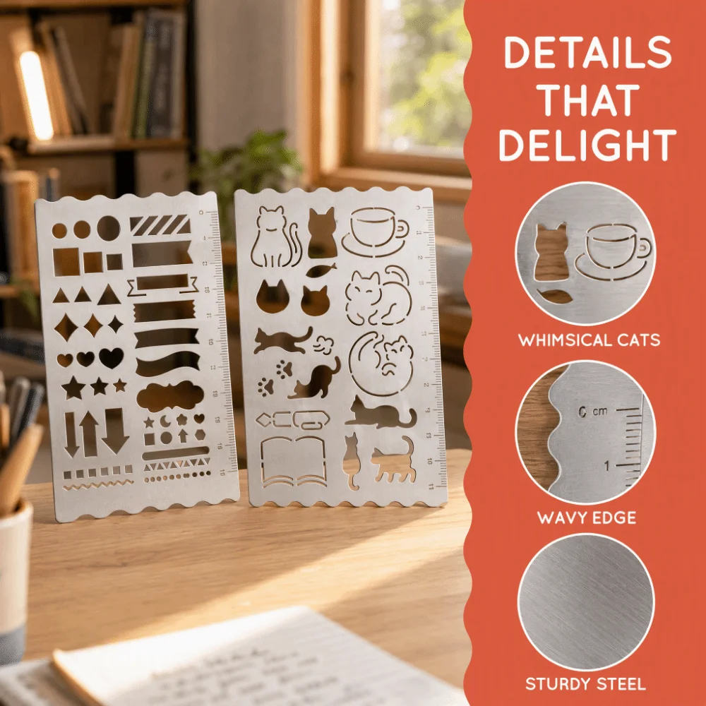 Hollow Design Stainless Steel Drawing Ruler Precision Rust Proof Scrapbooking Ruler Journal Template Ruler Cat Shape