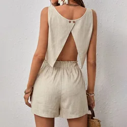 Women's Cotton Linen Sleeveless Top Shorts Set 2024 Summer New Casual Backless Tops Elastic Waist Pocket Shorts Two-Piece Suit