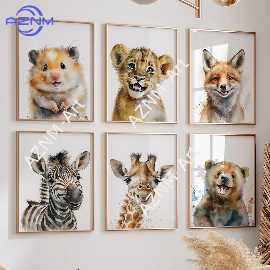 1 pieza/6 piezas, mural de arte de pared con animales en acuarela, conejillo de indias, león, zorro, oso, cebra, pintura en lienzo, póster impreso, decoración para sala de estar