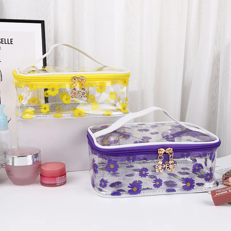 

Transparent Travel Storage Toilet Makeup Bag PVC Daisy Printed Large Square Outdoor Handheld Bath Bag Large Capacity Convenient