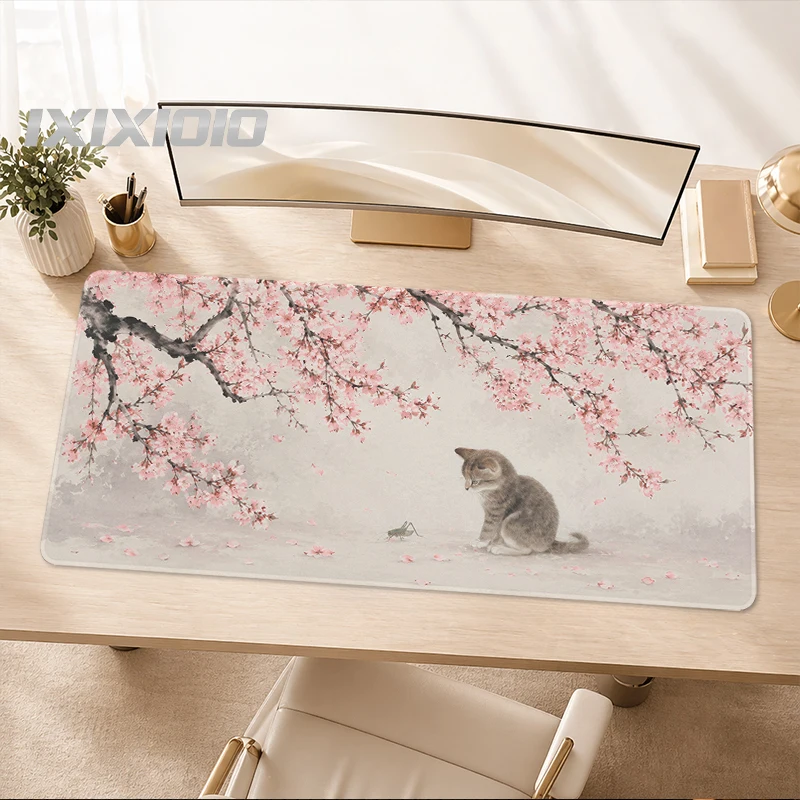 Mouse Pad Kitten under Sakura Tree Gamer XL Large Home Computer Mousepad XXL Desk Mats Non-Slip Carpet Natural Rubber Computer