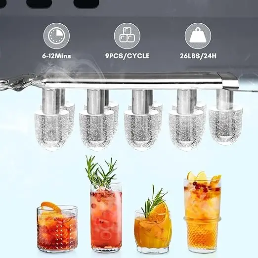 เครื่องทําน้ําแข็งบนเคาน์เตอร์,เครื่องทําน้ําแข็งแบบพกพาพร้อมที่จับพกพา,ทําความสะอาดตัวเอง,ตะกร้าและที่ตัก,9 ก้อนใน 6 นาที,26.5lbs/24Hrs,สีเขียว