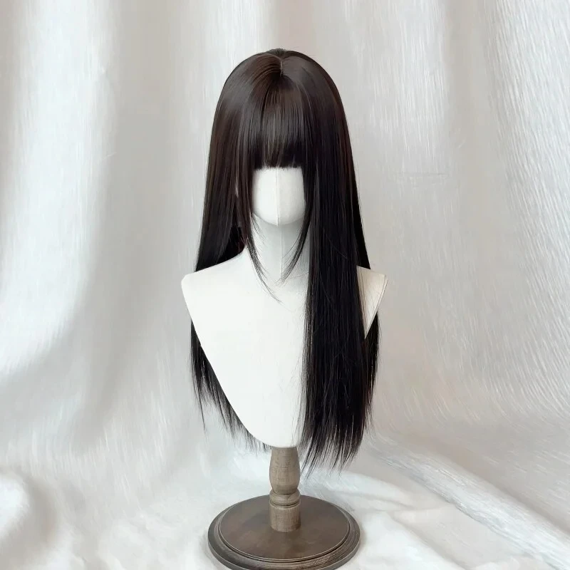 Long Silky Straight Synthetic Wigs with Bangs Brown Black Cosplay Party Lolita Hair Wigs for Women Natural Heat Resistant Wig