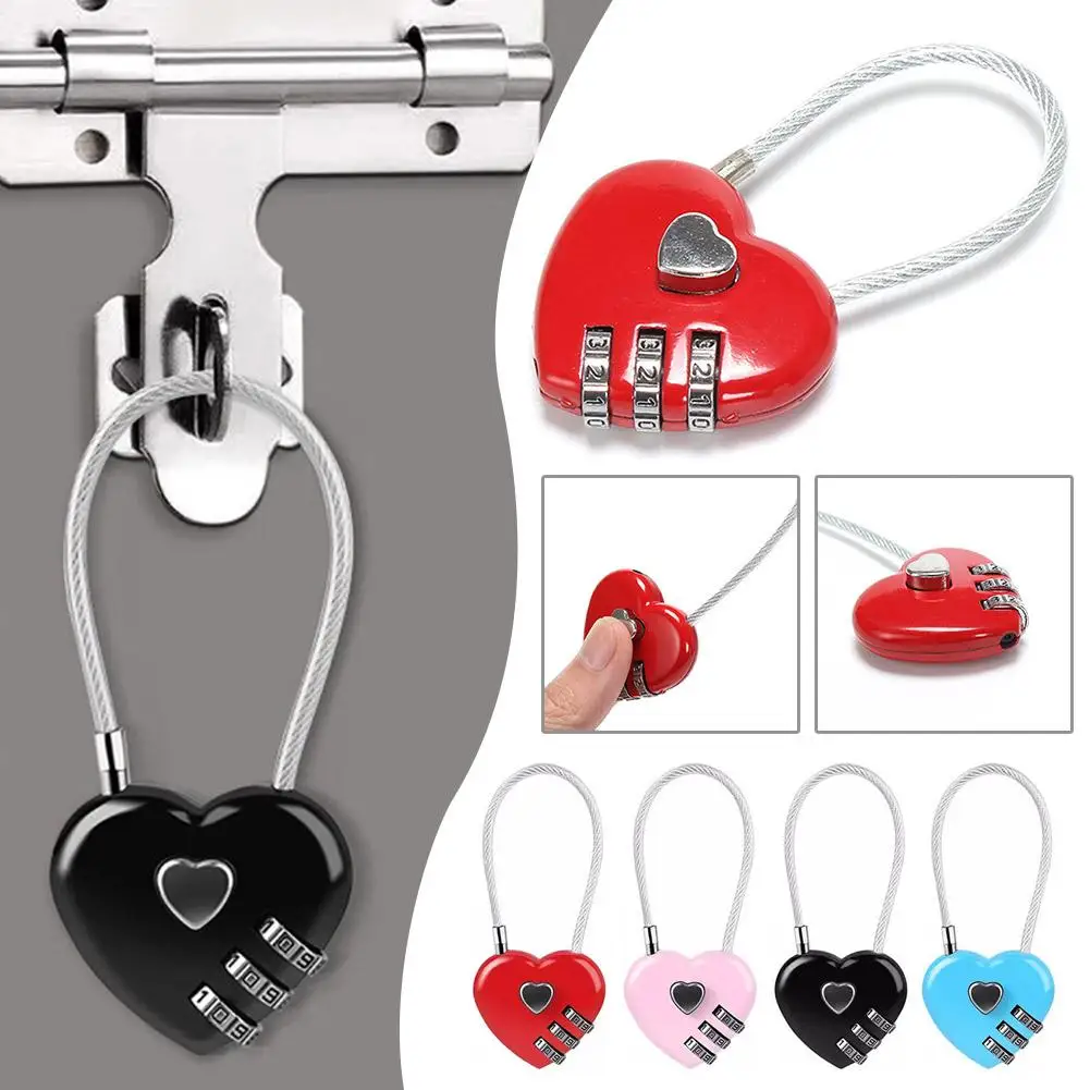 Wire Rope Love Lock Cartoon Password Heart-shaped Three-position Padlock Steel Cable Sturdy Multi-functional U4K5