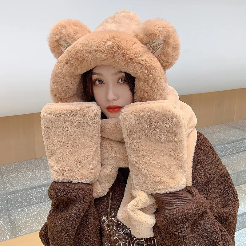 Bear Hat Scarf Big Bear Ear Scarf Hat One Female Winter Cute Plush Scarf Warm Thick Hat