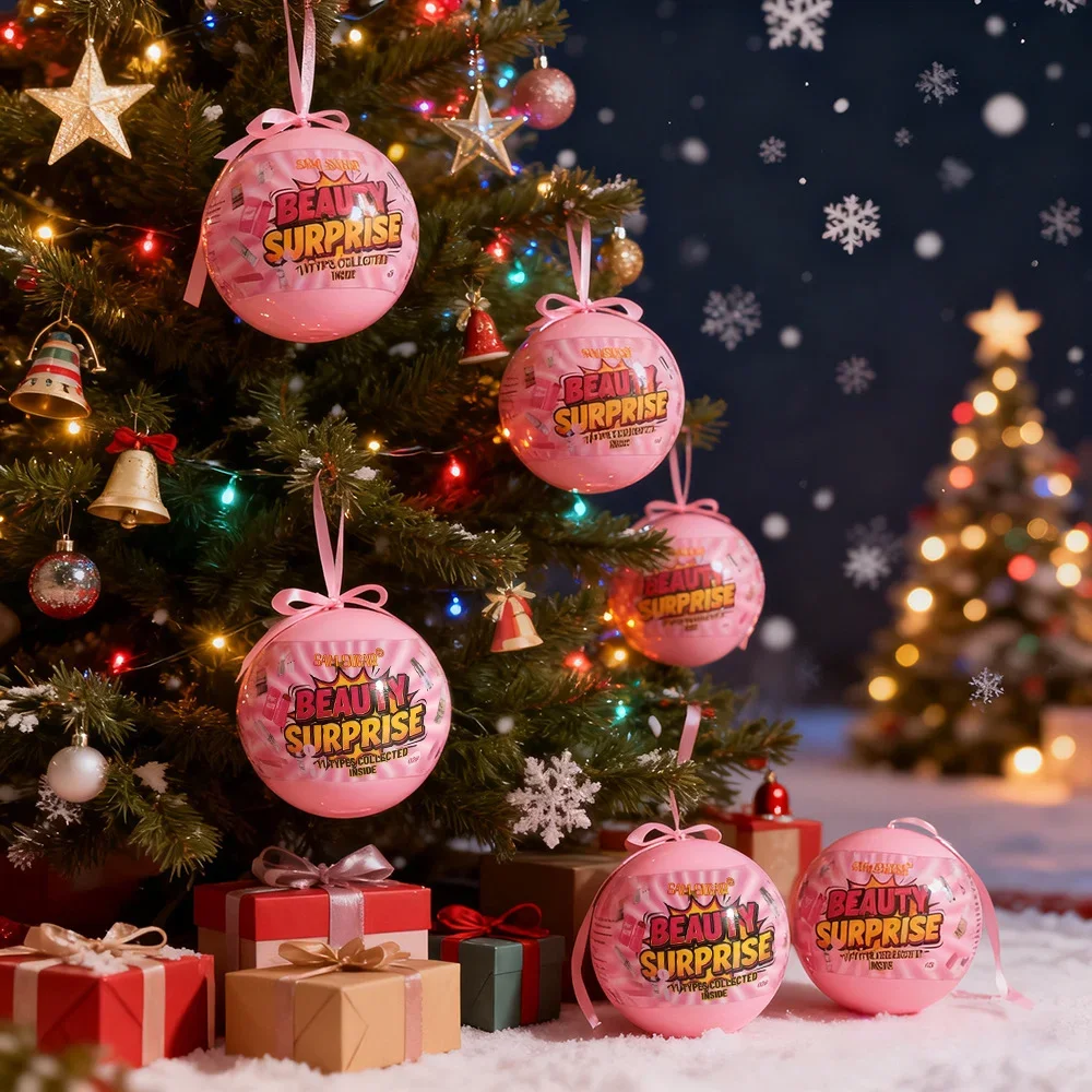 7個入りクリスマスミニメイクアップセット - 口紅、コンシーラー、チーク、パフ、5in1パレット、クリエイティブなボール型パッケージ、初心者向け、ホリデー用