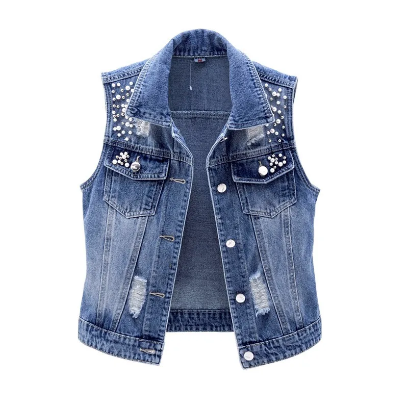 Women Lapel Jacket Vintage Denim Vest Loose Fit Bead Decor Single-breasted Hop Streetwear for Ladies Fall/spring Waistcoat