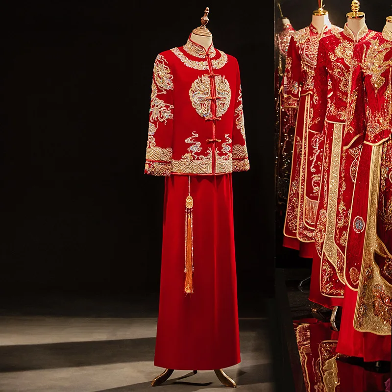 

Men's Xiu He Suit Chinese Style Groom Suit Velvet Wedding Dress Dragon And Phoenix Gown Men's Xiuhe Suit Plus Size