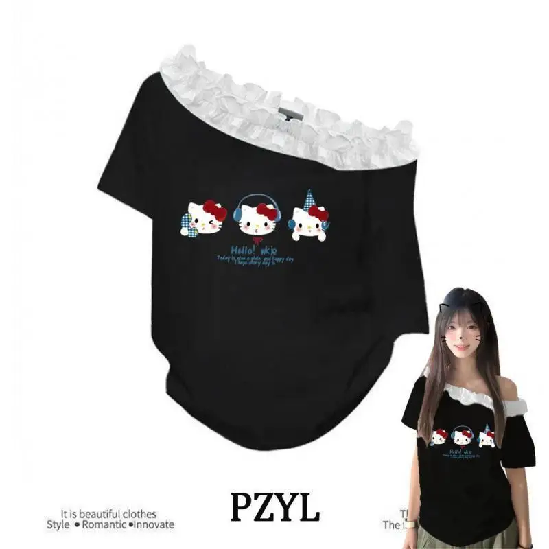 T-shirt con spalle scoperte da donna Sanrio Fashion T-shirt Hello Kitty T-shirt da ragazza Kawaii da indossare ogni giorno T-shirt allentata dolce Y2K Incontri alla moda
