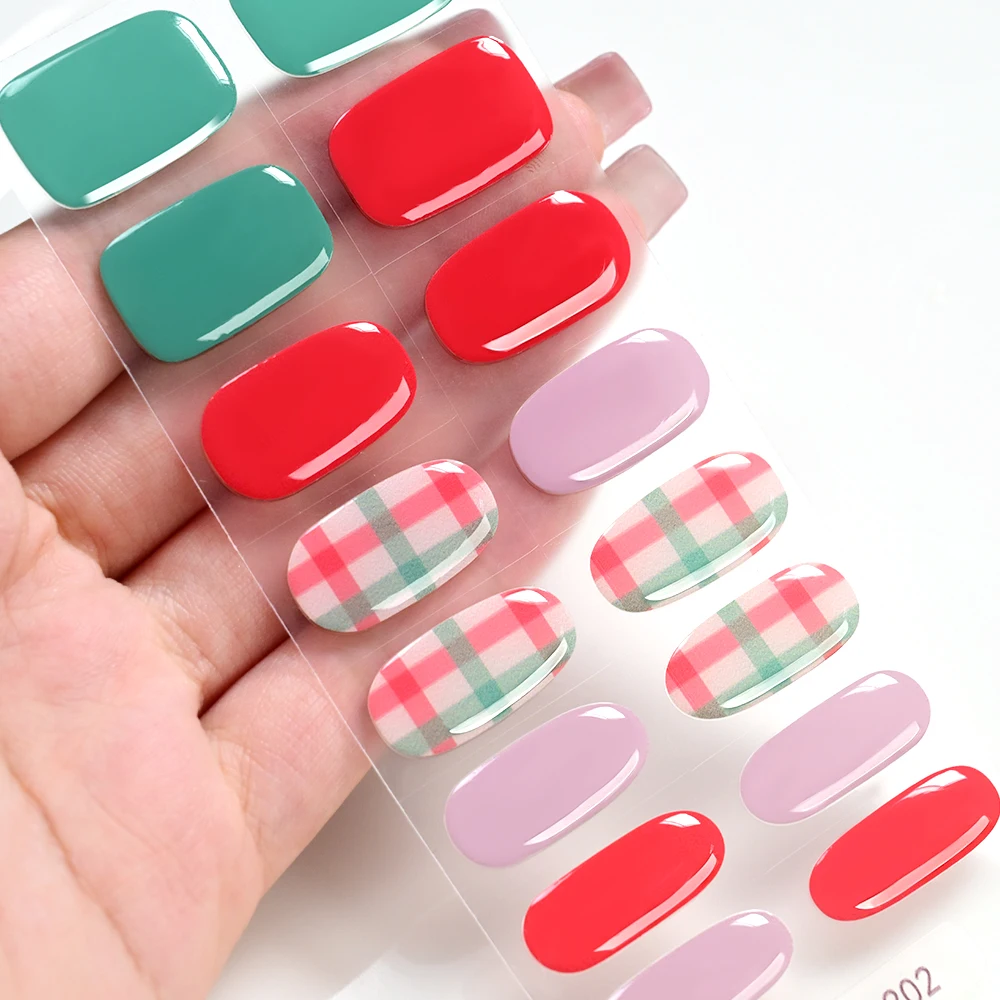 16Tips/set Red Green Checkered Semi-Cured  Fast Gel Nail Sticker Full Cover Soild Color UV Gel Stickers DIY Manicure Gel Patch