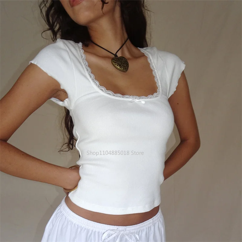 

y2k Vintage Baby Tee Cottage Lace Trim Knitted T-Shirt Summer Square Neck Short Sleeve Tee Shirt Women White Milkmaid Crop Top