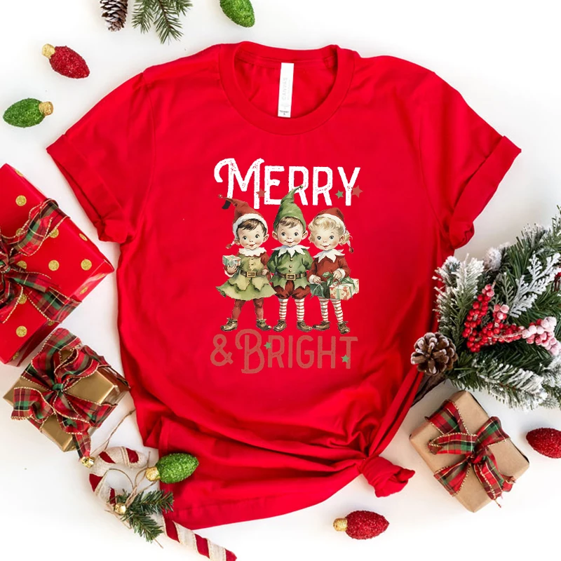 

Christmas Merry Bright Print Casual T-Shirt Women T Shirt Summer Casual Short Sleeve Harajuku Tops Unisex Tops