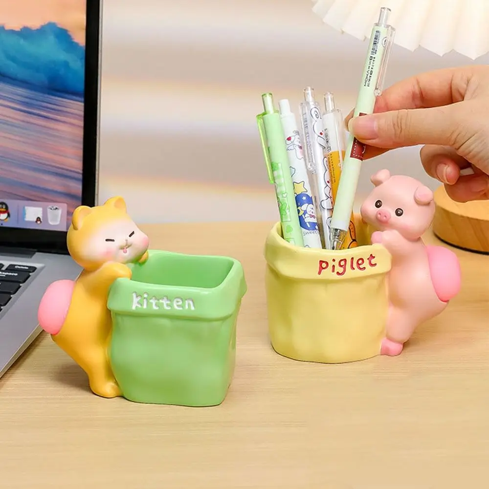 Cute Pet Cartoon Resin Pen Holder Resin Pen Container Stationery Storage Desktop Ornament Cat Kawaii