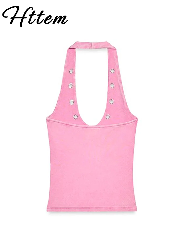 

Сексуальный однотонный топ с лямкой на шее, женский тонкий топ без рукавов с открытой спиной и U-образным вырезом, короткий жилет, женский модный летний уличный топ 2025 года, женские топы