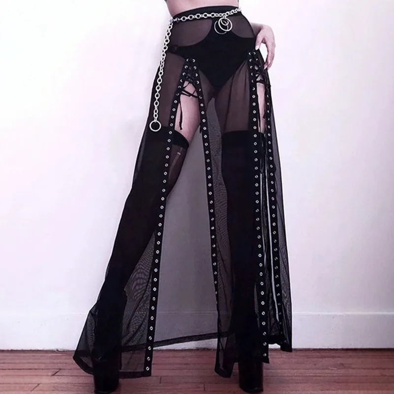 KEXU Hot Dark Gothic Mesh See Through Maxi Skirt Women Eyelet Lace Up Split Long Skirt Hot Girl Breathable Dress