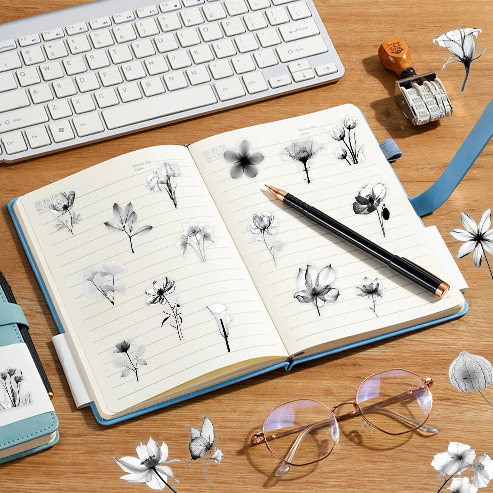 50 Uds. De pegatinas de PET impermeables de flores naturales en blanco y negro, estética para álbum de recortes DIY, funda de teléfono, decoraciones artísticas de plantas para coche