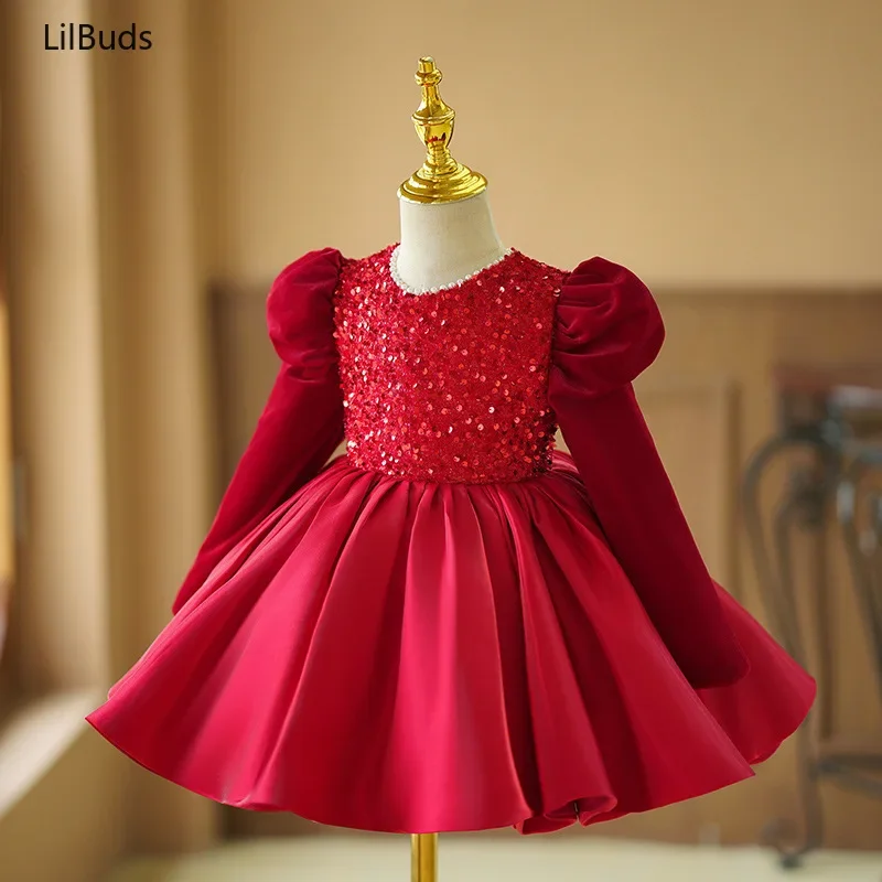 2024 Infant Children's One Year Old Dress Clothes Kids New Wine Red Sequin Toush Princess Little Girl's Birthday Party Costumes