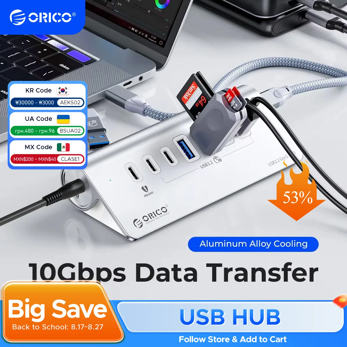 

ORICO Multi USB 3.2 Port Splitter USB A Type C Hub Multiple 4 Slot Dock Station Switch Extender with Card Reader Charger Adapter