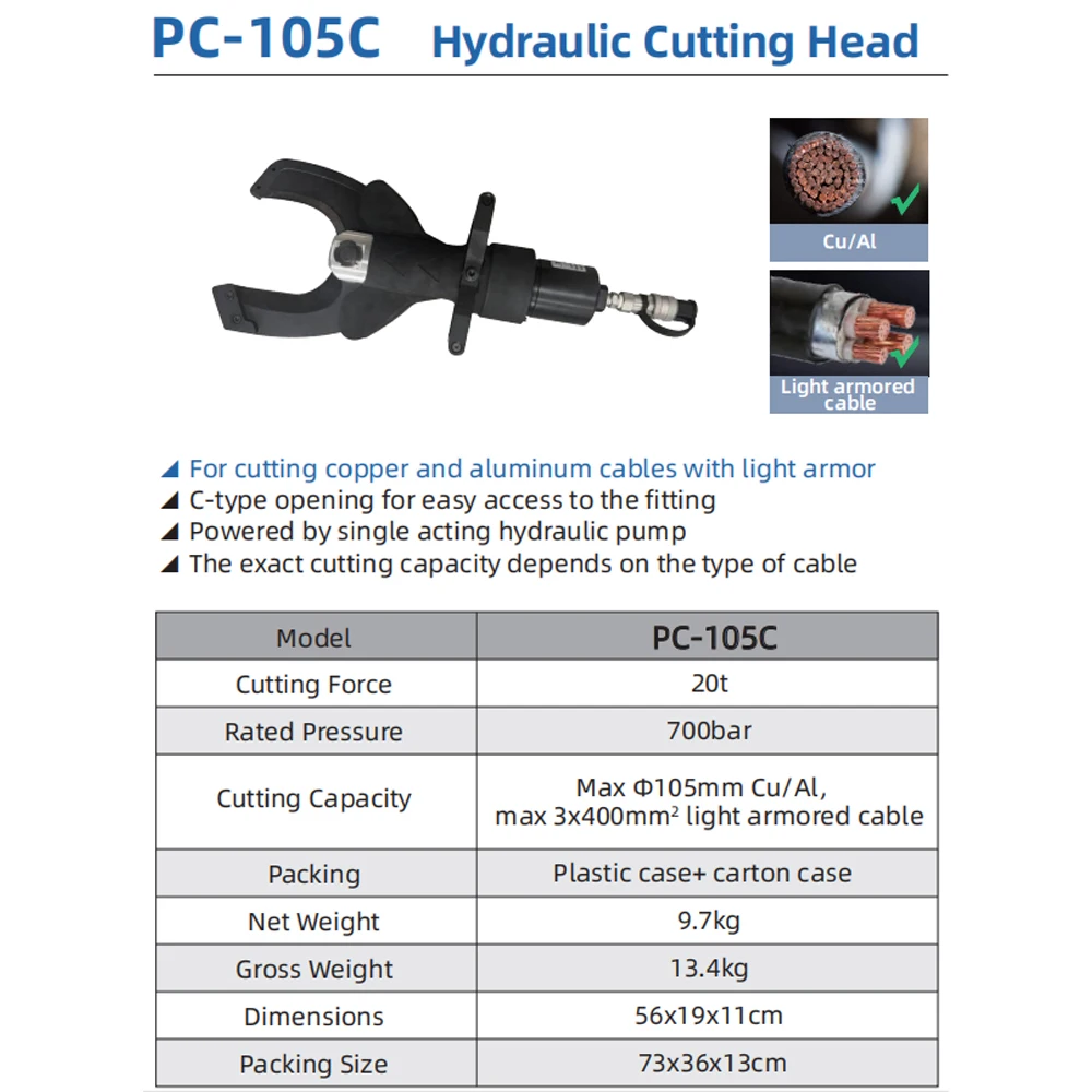 PC-105C Hydraulic Cutting Tool 20t 105mm Cu/Al 3x400mm2 Light Armored C Type Hydraulic Cutting Head for MV Cable