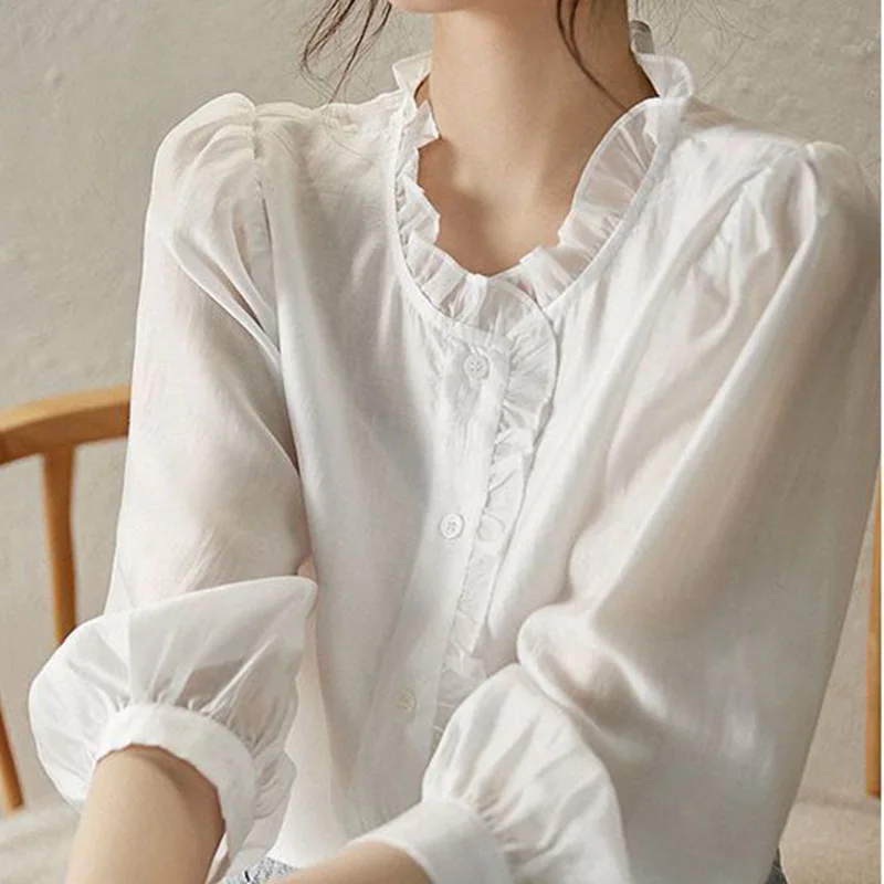 2024 New Summer Office Lady Sweat Retro Elegant Fashion Korean Style Women's Shirt Button O Neck 3/4 Sleeve Chic Chiffon Tops