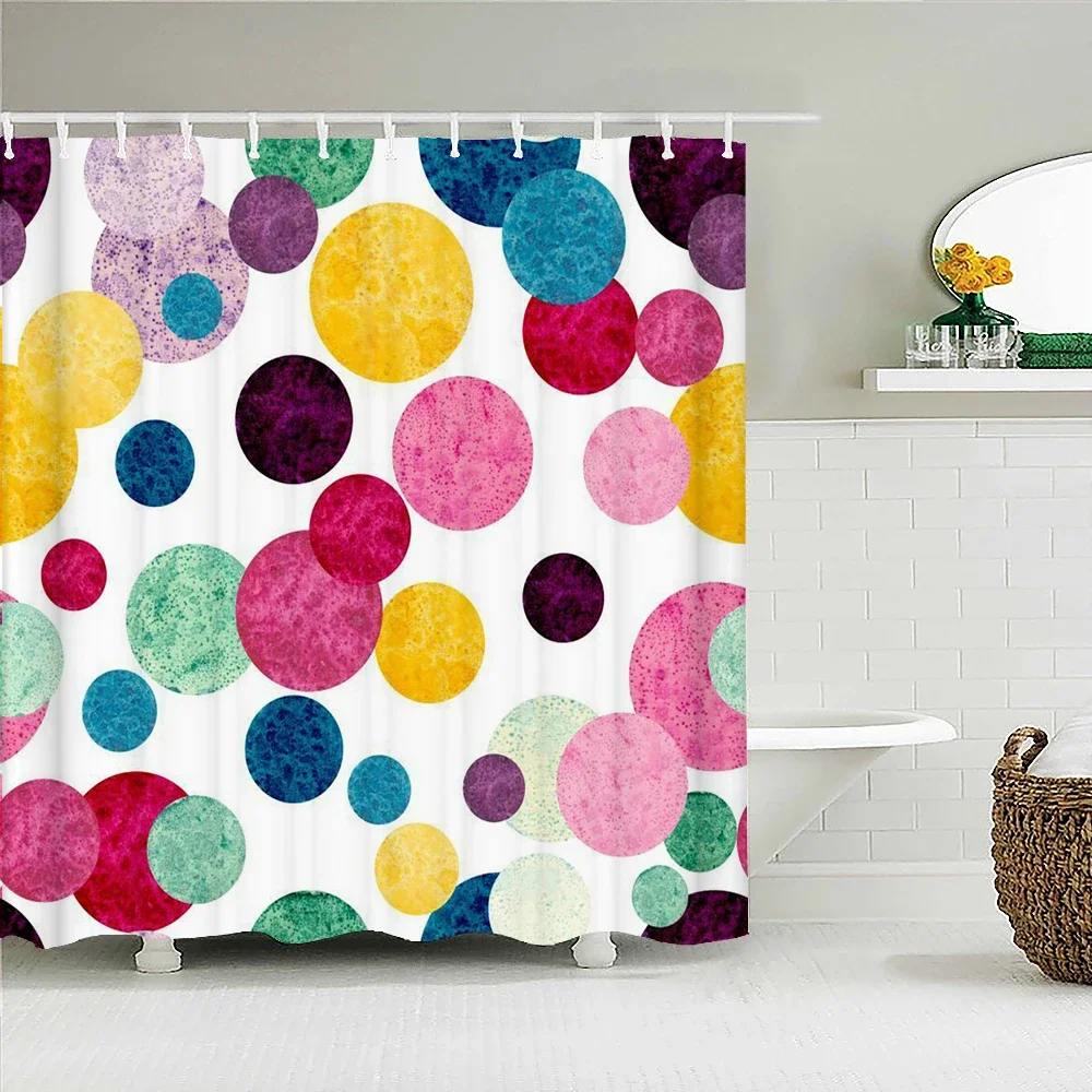 Simple Colorful Geometric Pattern Fabric Shower Curtain Bathroom Curtains Round Mosaic Waterproof Bath Screen With 12 Hooks