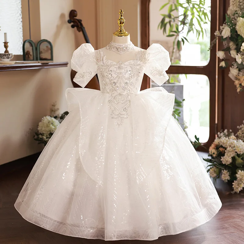 

Girl Wedding Dress White Tulle Birthday Ceremony Pearls Lace Girls Party Dress 3 To 14 Years Flower Girl Dresses For Wedding