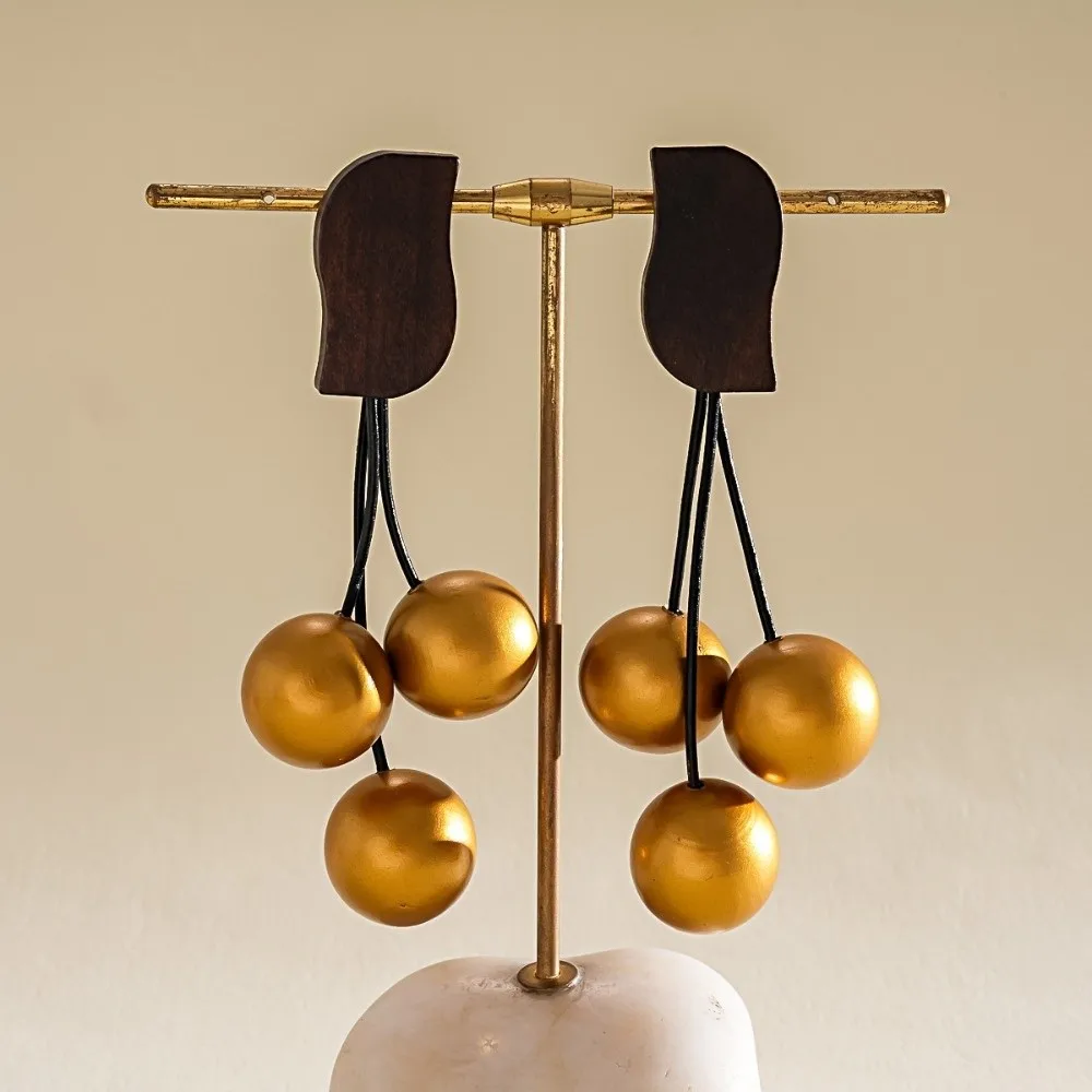 Matte Wooden Ball Earrings Golden Color Three Spherical Beads Drop Dangle Earrings Aesthetic Tassel Earrings Women Accessories
