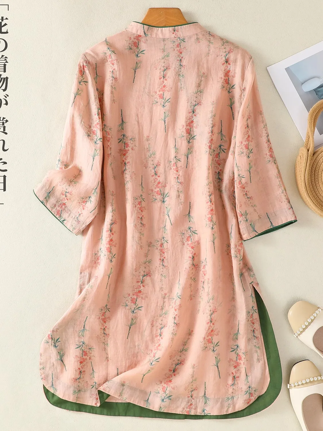 ريترو Sle المرأة الكتان irt زر حتى مطبوعة ميدي طول تعديل القطن الكتان الأعلى الصينية الجديدة Sle