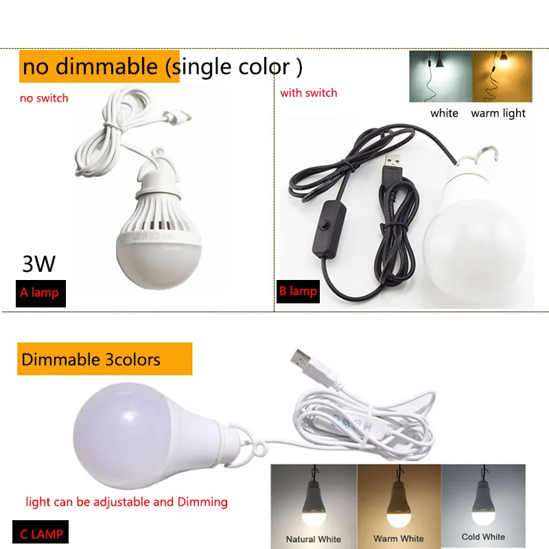 Bombilla LED de atenuación USB de 5V, 3W, 10W, luces de lectura, lámparas de noche, colgante de pared ajustable para acampar, bombillas para el