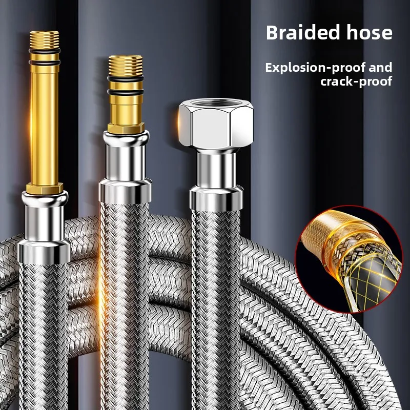خرطوم صنبور مضفر 304 SS - مقاوم للانفجار، مانع للتسرب، صامولة ثقيلة، موصلات ساخنة/باردة قابلة للانحناء، ذهبي/فضي