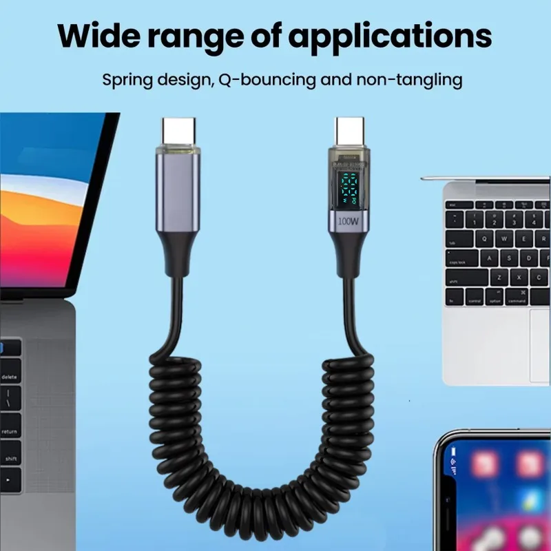 100w Dual Type C LED Digital Display Spring Cable for Samsung IPhone Xiaomi Huawei OnePlus Fast Charging Cord Spring Data Cable