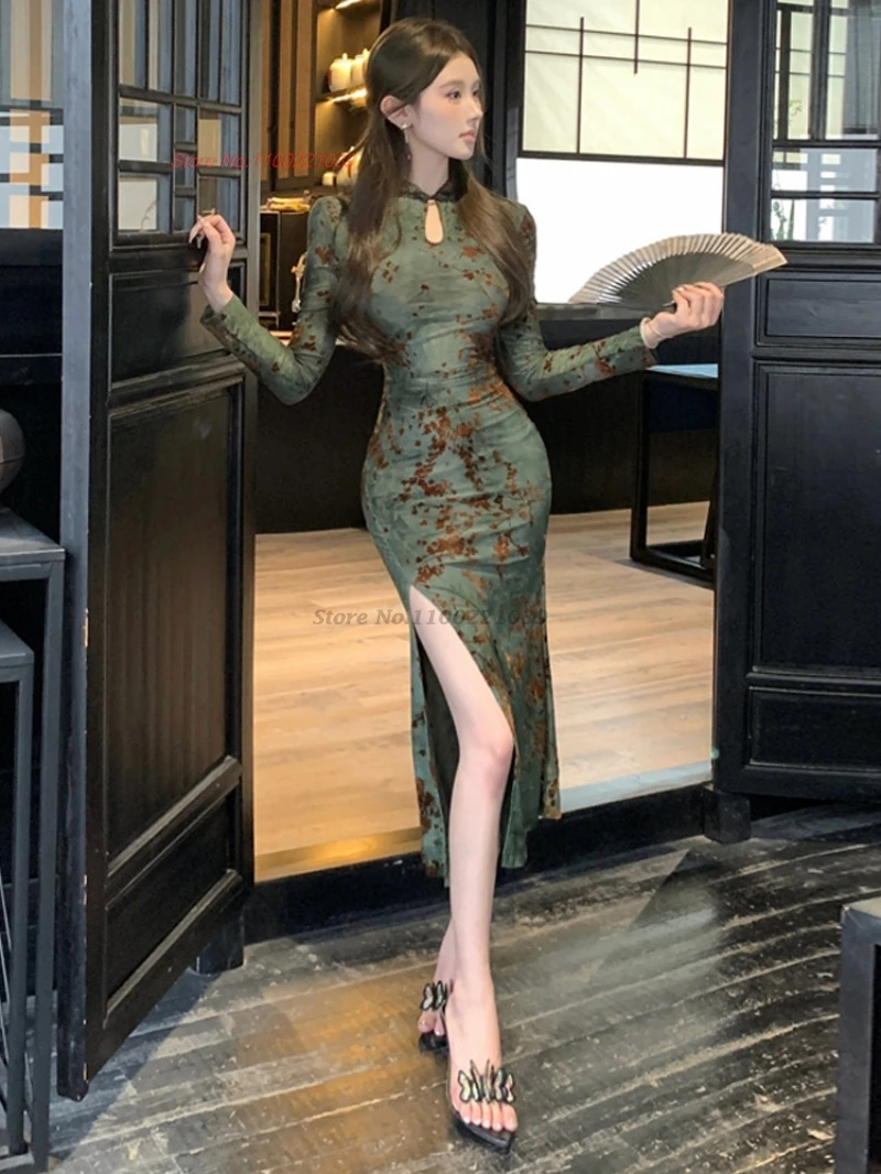 فستان سهرة صيني مثير من تشيباو مخملي شيونغسام مطبوع عليه زهور وطنية فستان شعبي تقليدي للنوادي الليلية تشيباو فيستدو #2