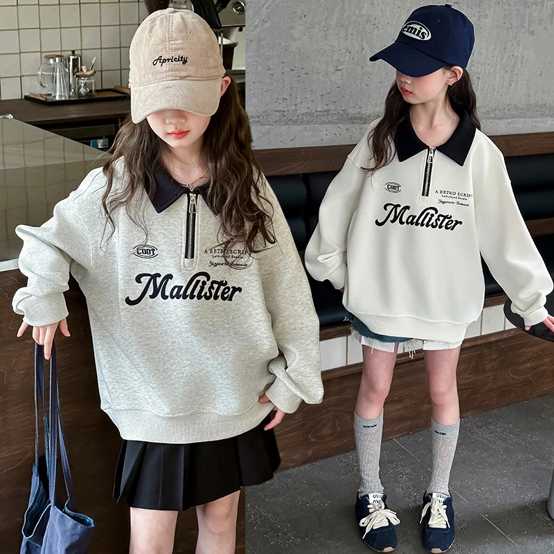 Spring Autumn Loose Casual Children Cotton Polo Collar Hoodie Sweatshirt for Teenage Girls Half Zipper Sweatshirt Kids Wear