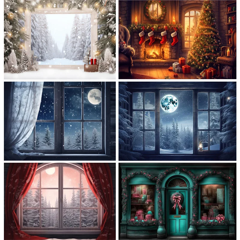 

SHENGYONGBAO Christmas Day Fireplace Photography Backdrops Prop Window Living Room Interior Village House Theme Background DR-10