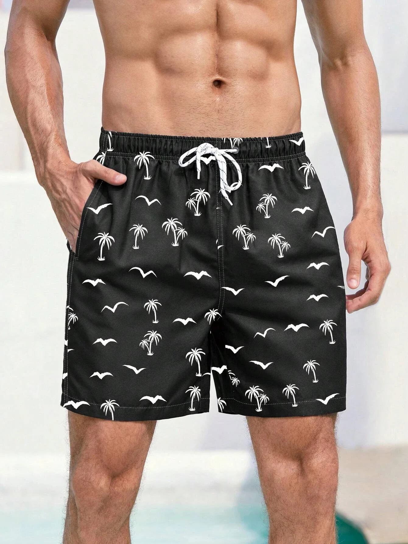 

Men's Board Shorts Swim Shorts Swim Trunks Drawstring Elastic Quick Dry Short Beach Hawaiian Casual Black White Micro-elastic