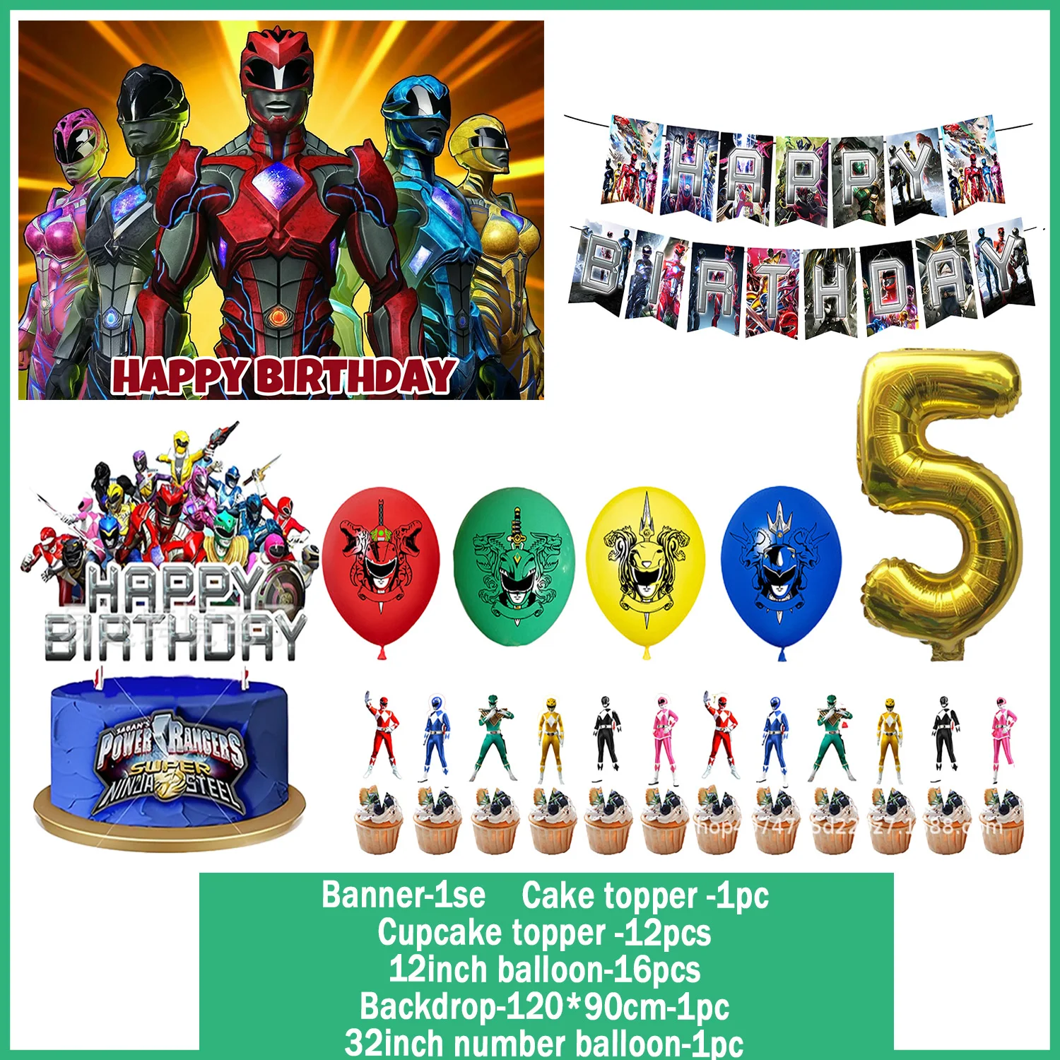 Cartoon-Powered&Rangers Geburtstagsparty-Dekorationsset Happy Birthday Banner Luftballons Cupcake-Topper Partyzubehör für Jungen und Kinder – Detail 5