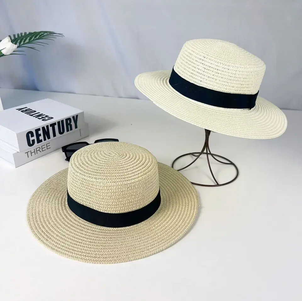 

Flat Top Straw Hat Summer Travel British Style Wide Brim Hat Beach Braided