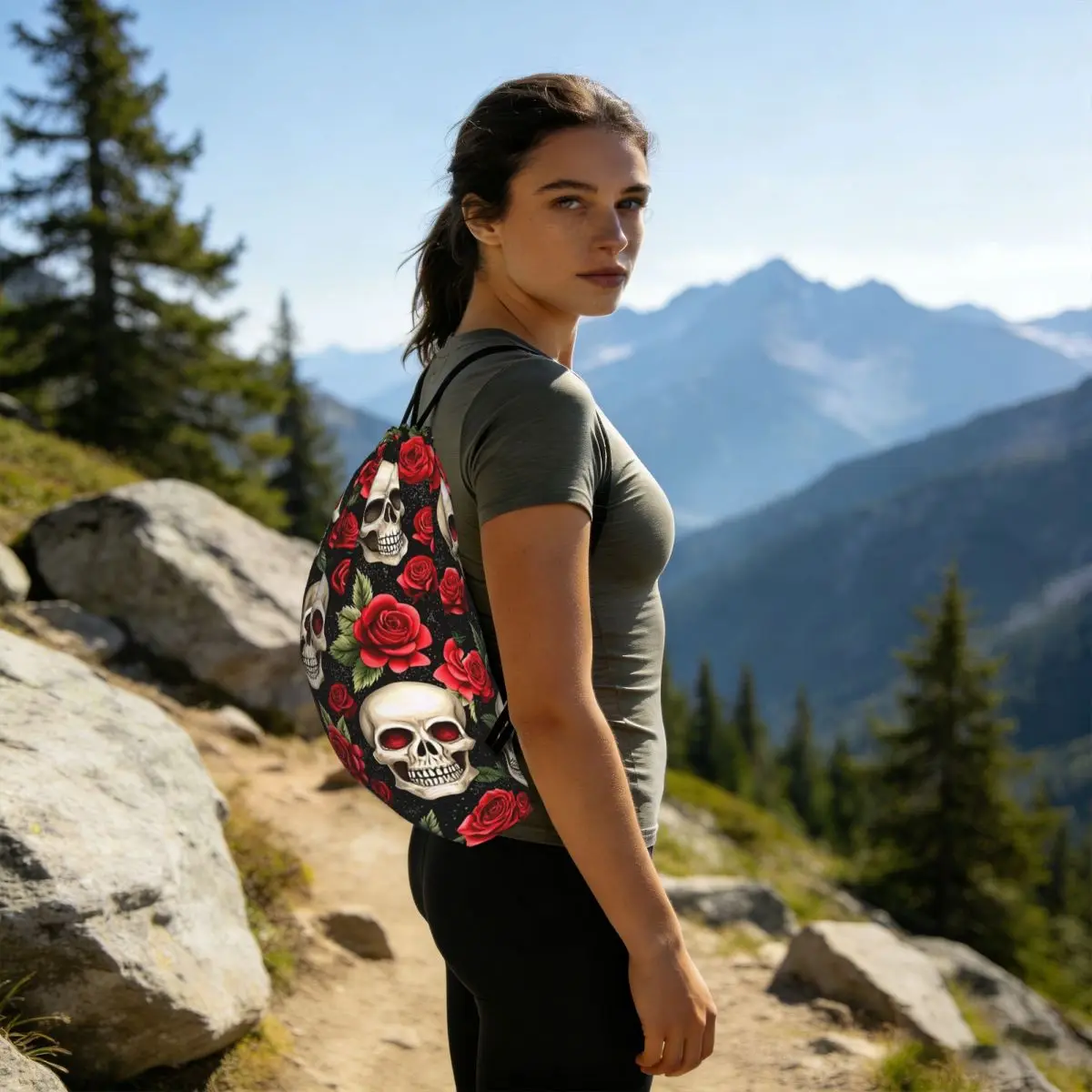 Rose Skull Gothic Style Pattern Backpacks Multi-function Drawstring Bundle Pocket Shoes Bag Book Bags for Travel Students