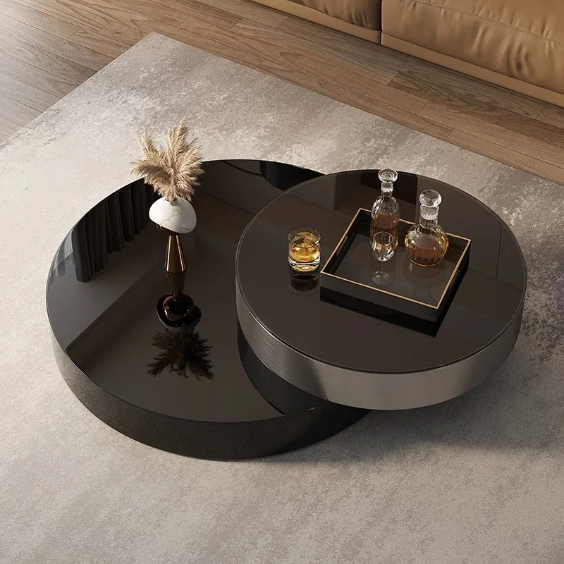 

Coffee table light luxury modern rotating size round simple black glass living room home Italian minimalist