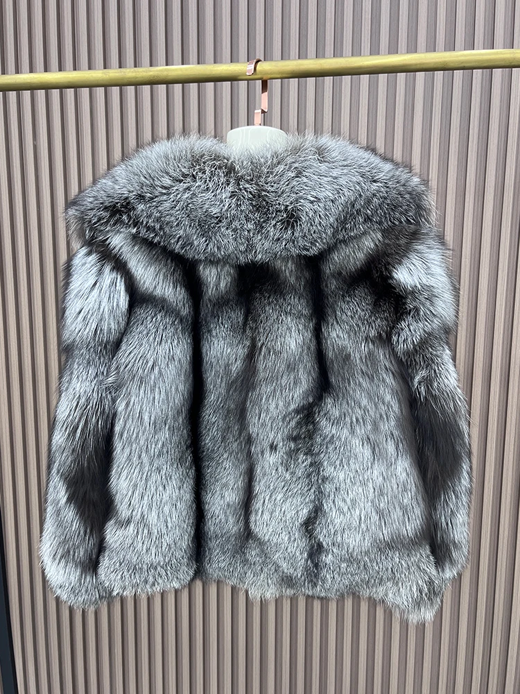 Women New Fashion Real Silver Fox Fur Jacket Full Pelt Fluffy Fur Luxury Natural Red Fox Coats Overcoat Long Sleeve