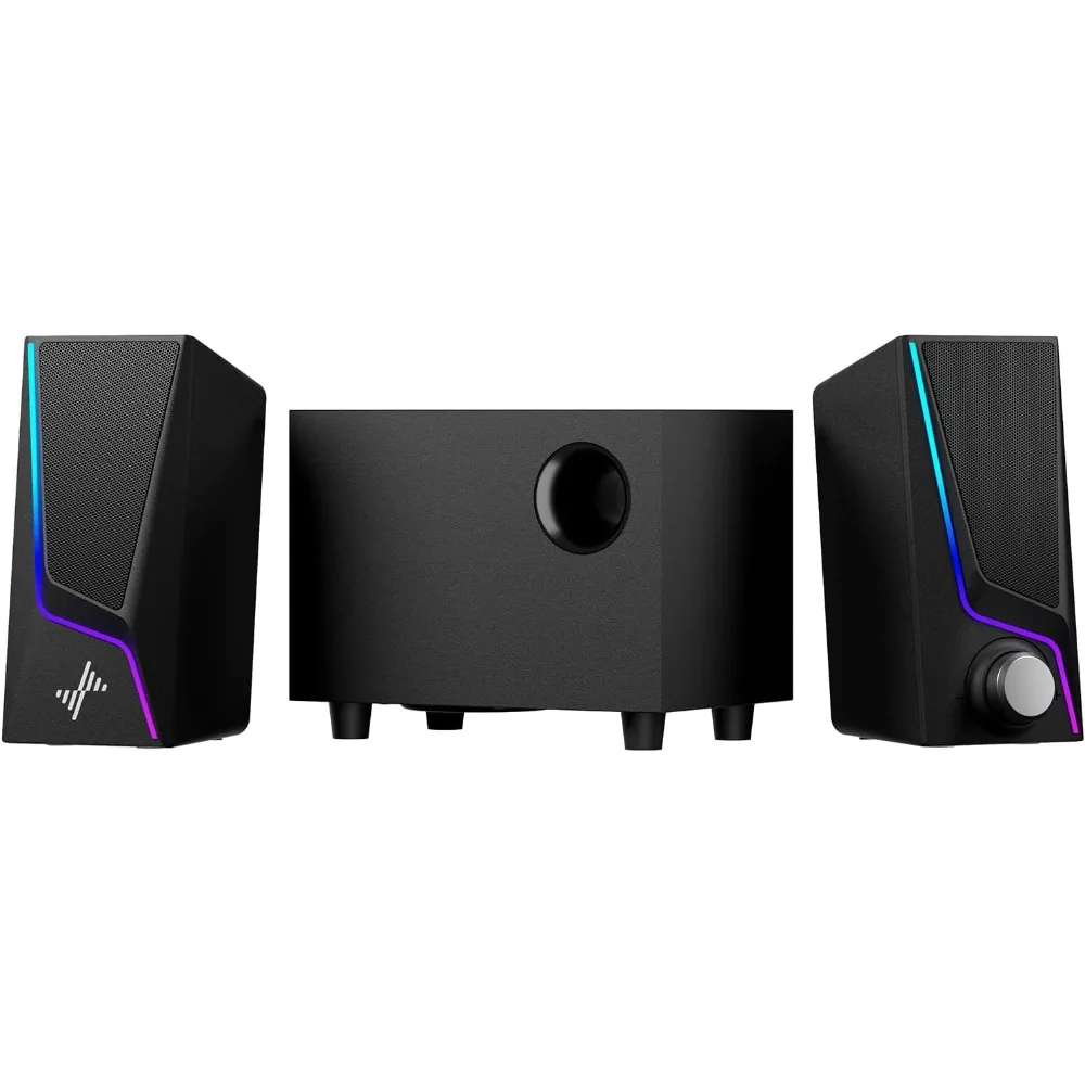 

Компьютерные колонки с сабвуфером, акустическая система для ПК Hi-Fi 2.1 с 6 режимами освещения, улучшенными басами, Plug and Play, USB/USB-C P