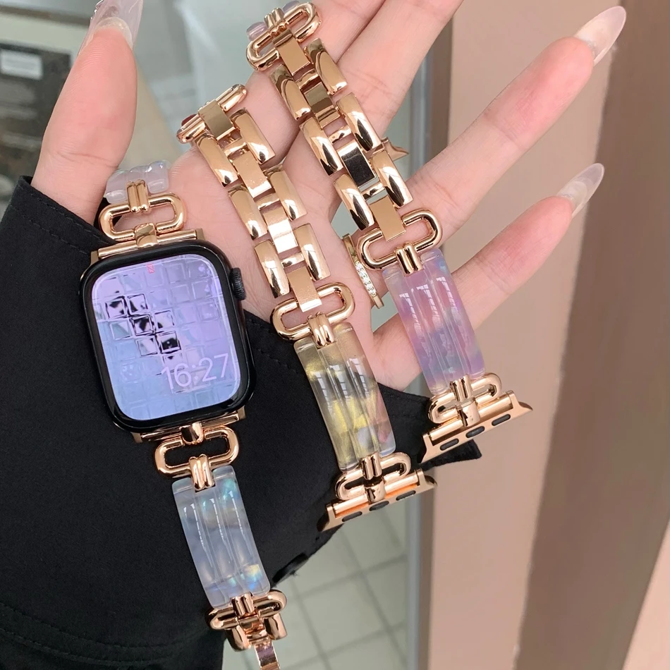 38 مللي متر 42 مللي متر الراتنج امرأة سوار Iwatch سلسلة الترا 8 6 7 5 SE 4 ارتفع الذهب معدن حزام ل سوار ساعة يد آبل 45/44 مللي متر 49 مللي متر 40/41 مللي متر