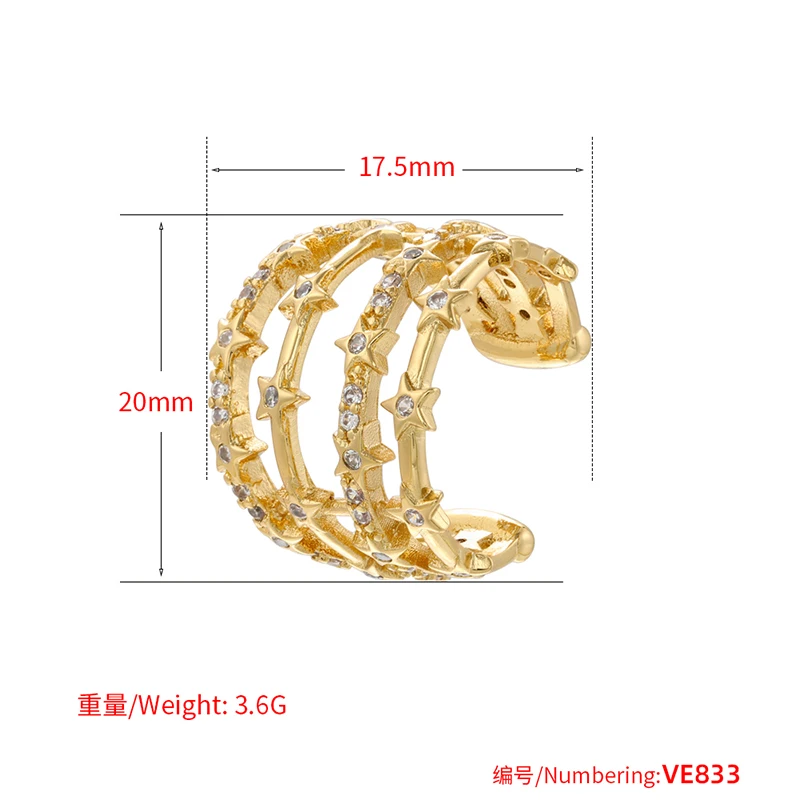 ZHUKOU gold color Ear cuffs adjustable ear clips Cubic zirconia clip on earrings Summer fake piercing earrings wholesale VE833