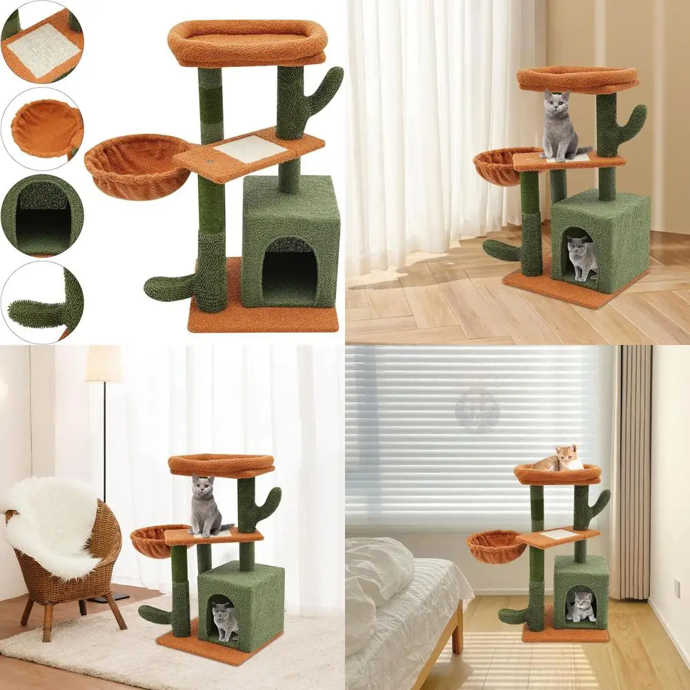 

Зеленая лежанка-когтеточка в форме кактуса с платформами для прыжков и гнездом для больших и маленьких кошек, выдерживающая нагрузку до...